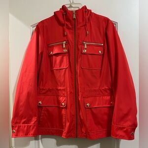 Michael Kors Gold Red Orange Salmon Rain Ski Anorak Hooded Women’s Jacket Large